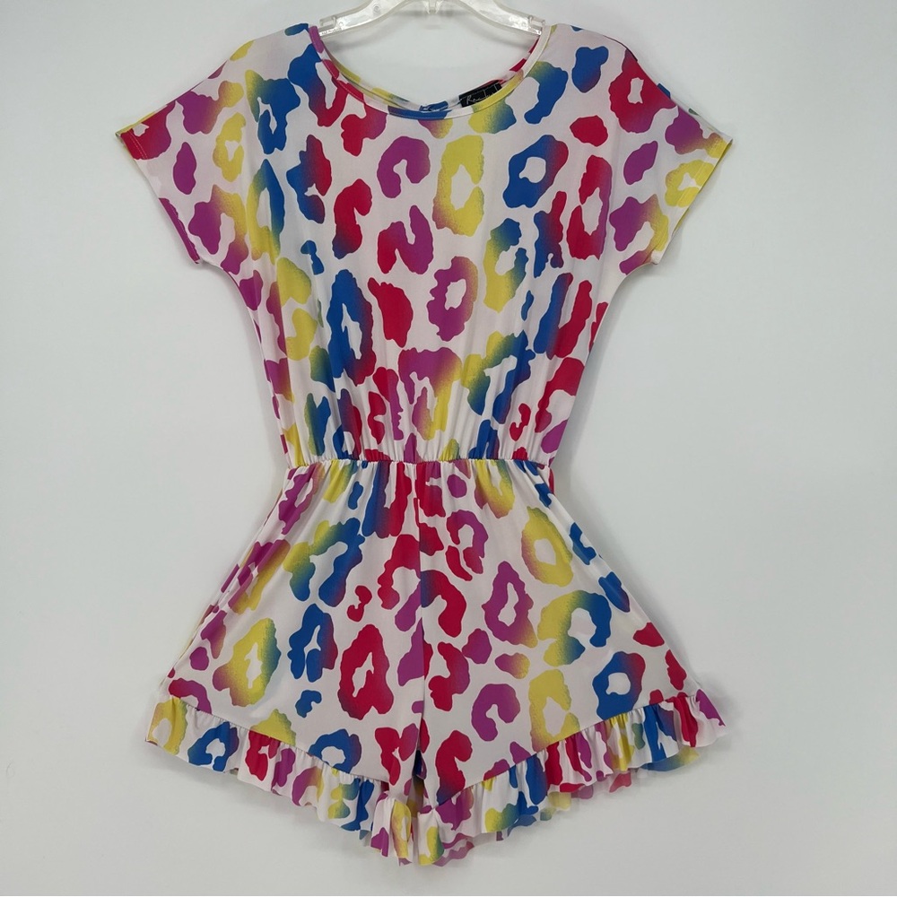 Racheal Women Shorts Romper Short Sleeve Rainbow Animal Print Ruffle Stretch NEW